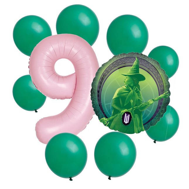 Wicked 9th birthday set main: number 9 foil, themed foil and 8 matching latex balloons