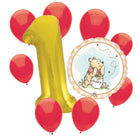 Winnie the Pooh 1st birthday set main: number 1 foil, themed foil and 8 matching latex balloons