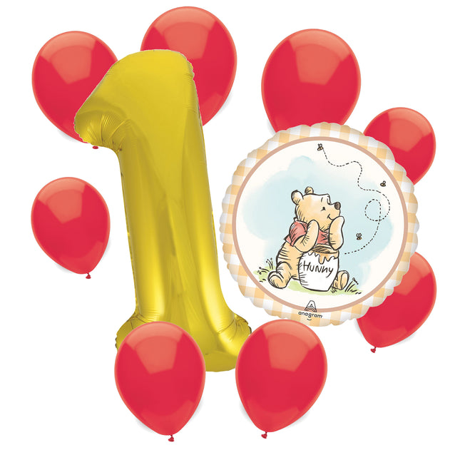 Winnie the Pooh 1st birthday set main: number 1 foil, themed foil and 8 matching latex balloons