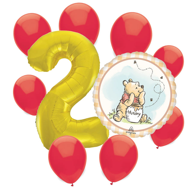 Winnie the Pooh 2nd birthday set main: number 2 foil, themed foil and 8 matching latex balloons