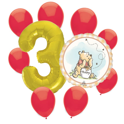 Winnie the Pooh 3rd birthday set main: number 3 foil, themed foil and 8 matching latex balloons