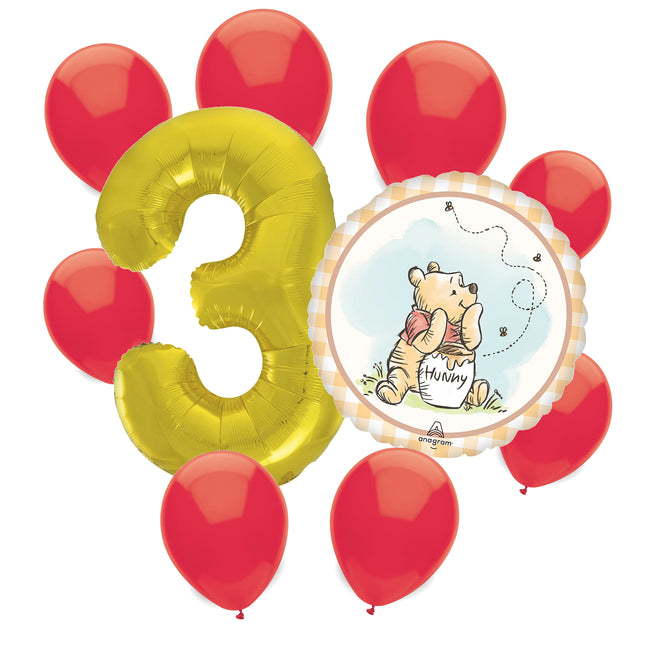 Winnie the Pooh 3rd birthday set main: number 3 foil, themed foil and 8 matching latex balloons