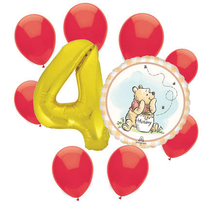 Winnie the Pooh 4th birthday set main: number 4 foil, themed foil and 8 matching latex balloons