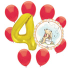 Winnie the Pooh 4th birthday set main: number 4 foil, themed foil and 8 matching latex balloons
