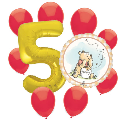Winnie the Pooh 5th birthday set main: number 5 foil, themed foil and 8 matching latex balloons
