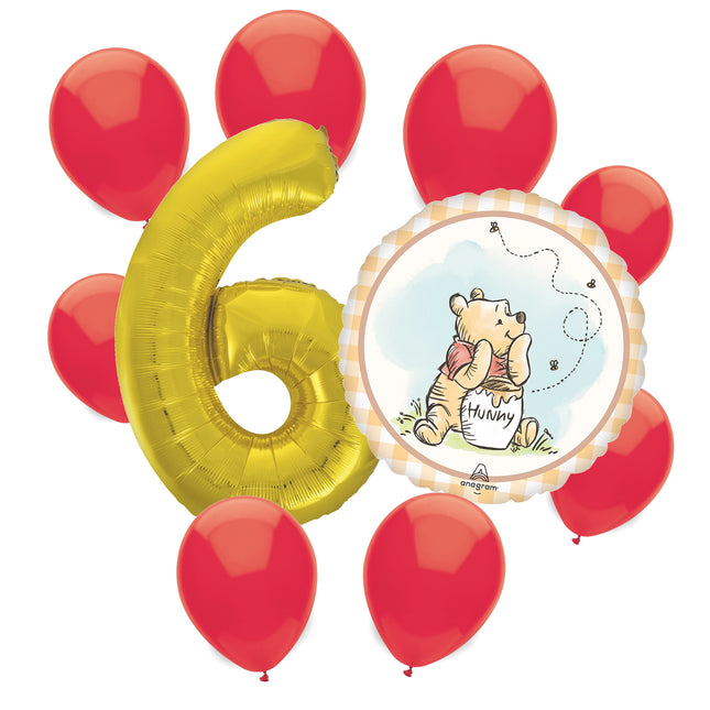 Winnie the Pooh 6th birthday set main: number 6 foil, themed foil and 8 matching latex balloons