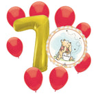Winnie the Pooh 7th birthday set main: number 7 foil, themed foil and 8 matching latex balloons