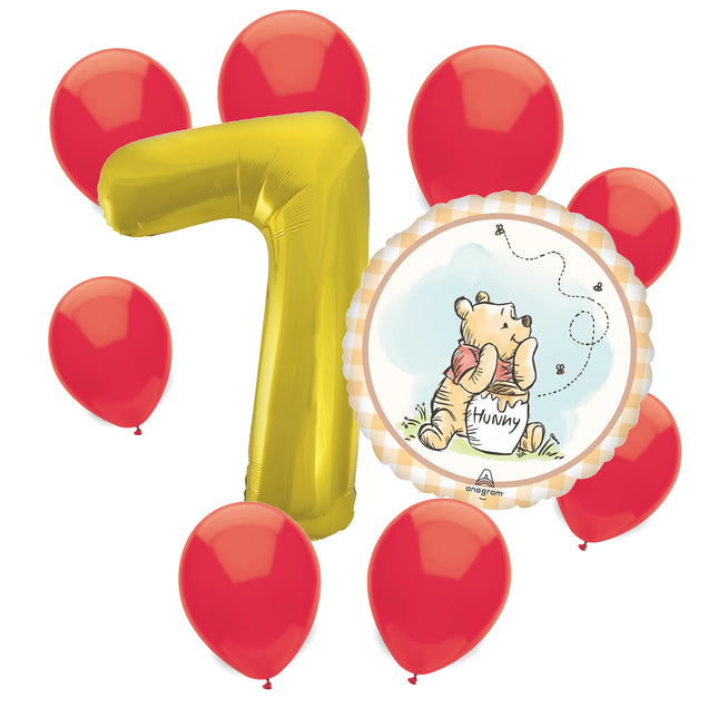 Winnie the Pooh 7th birthday set main: number 7 foil, themed foil and 8 matching latex balloons