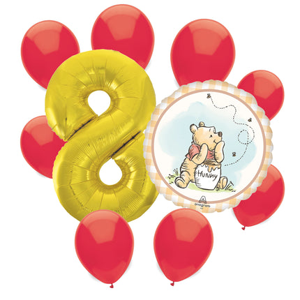Winnie the Pooh 8th birthday set main: number 8 foil, themed foil and 8 matching latex balloons