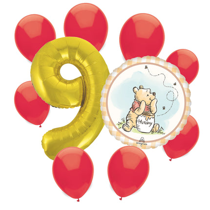 Winnie the Pooh 9th birthday set main: number 9 foil, themed foil and 8 matching latex balloons