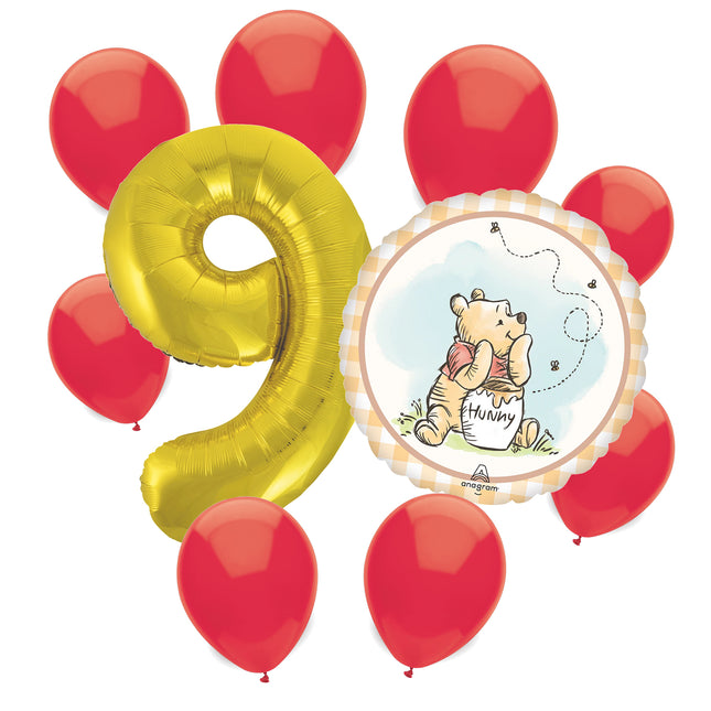 Winnie the Pooh 9th birthday set main: number 9 foil, themed foil and 8 matching latex balloons